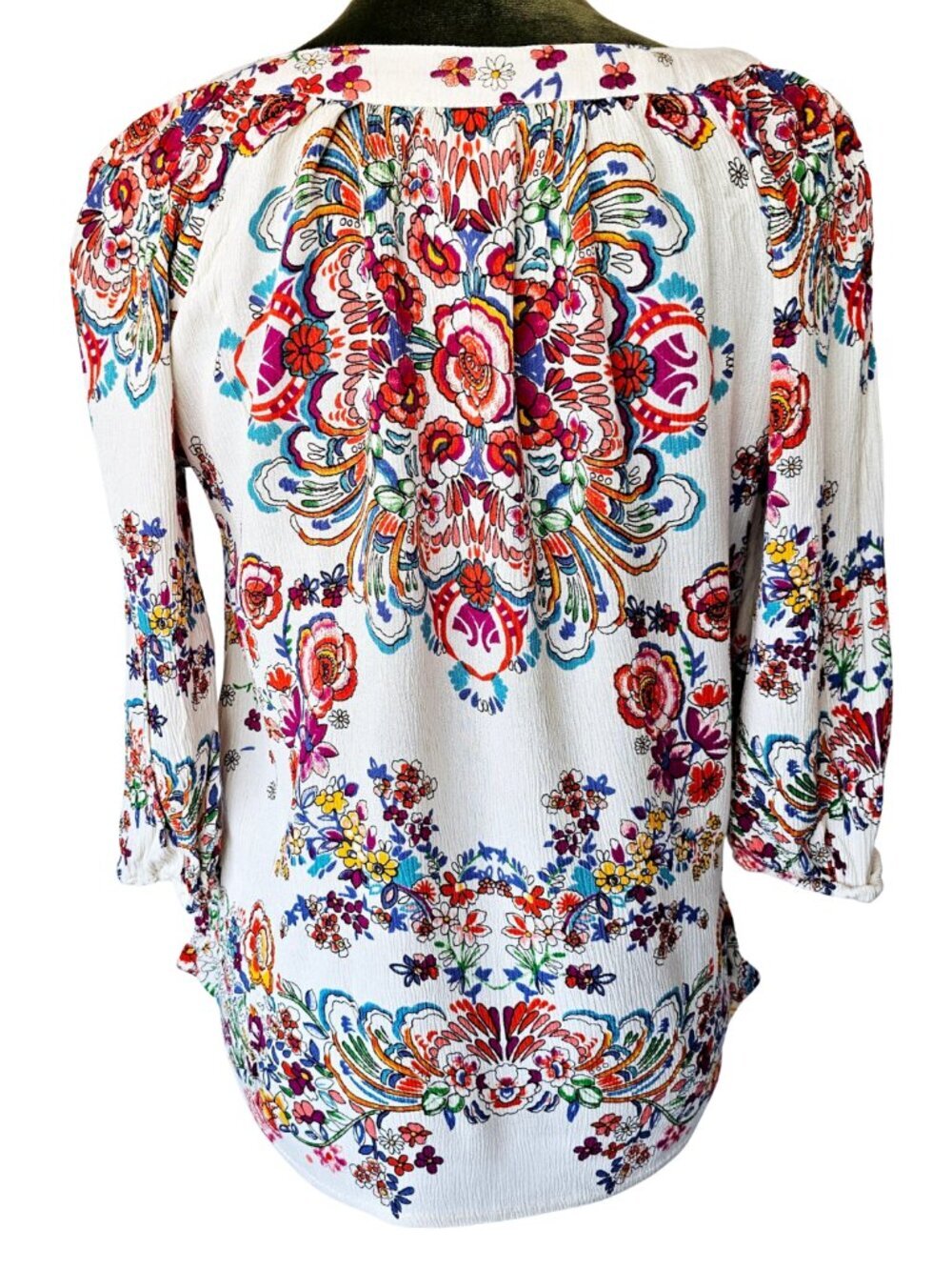 Bila V-Neck 3/4 Sleeve Floral Bohemian Blouse, Cream/Multi, Size Small - Picture 8 of 8